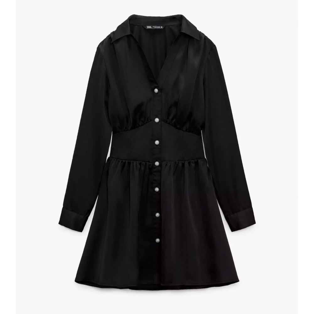 Zara Jewel Button Black Satin Dress Xsmall